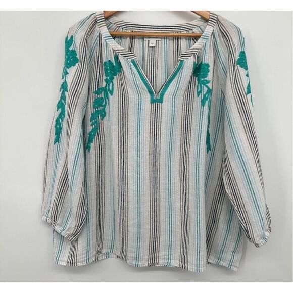 ✨J. Jill Linen Embroidered Striped Blouse✨ - Picture 5 of 8